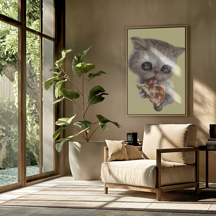 cat loves pizza Framed Art Wall Decor