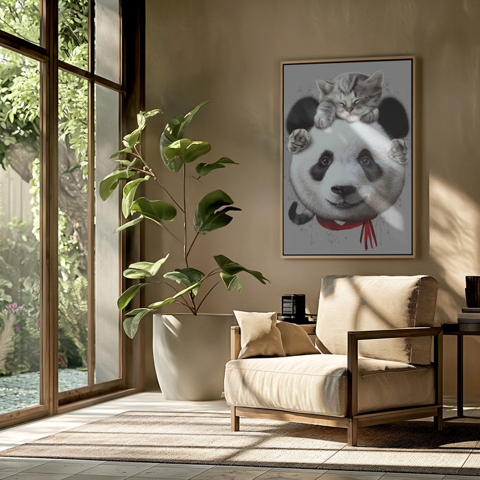 cat on panda bear Framed Art Wall Decor