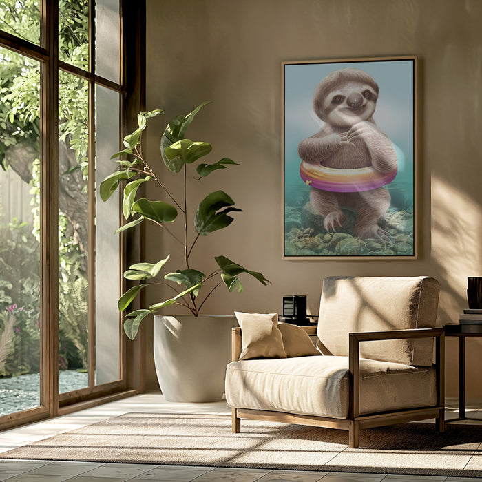 YOUNG SLOTH WITH BUOY Framed Art Modern Wall Decor