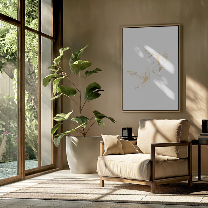 Gold Hummingbird Line art Silhouettes 4 Framed Art Wall Decor