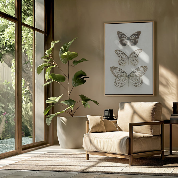 Three Neutral Butterflies Framed Art Modern Wall Decor