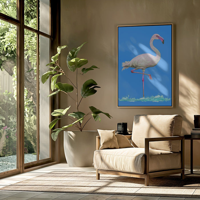 Flamingo in water blue sky Framed Art Wall Decor