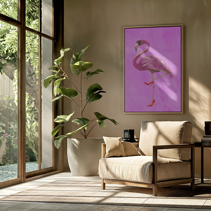 Flamingo in heels and heart glasses pink Framed Art Wall Decor