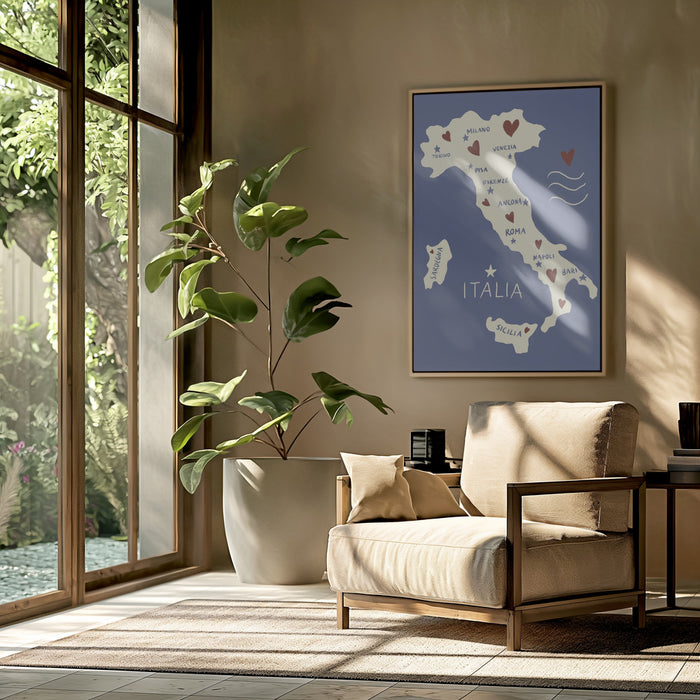 Italiy Map Framed Art Modern Wall Decor