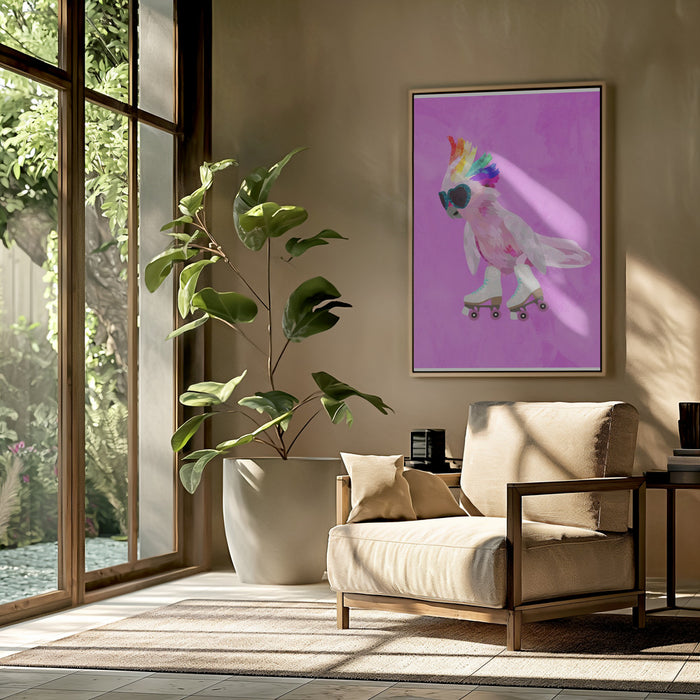 Rollerskating pink cockatoo Framed Art Wall Decor