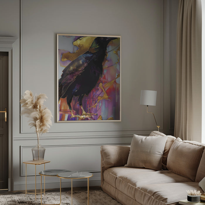 Raven with Pink and Gold Framed Art Modern Wall Decor