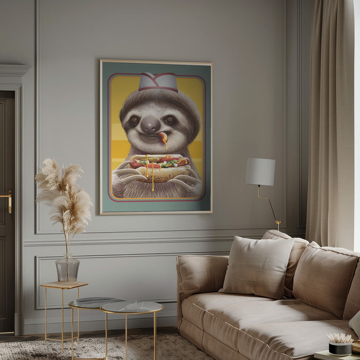 SLOTH SELLING HOTDOGS Framed Art Modern Wall Decor