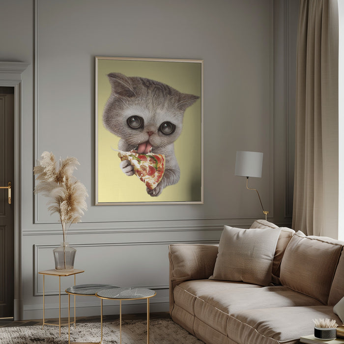 cat loves pizza Framed Art Wall Decor