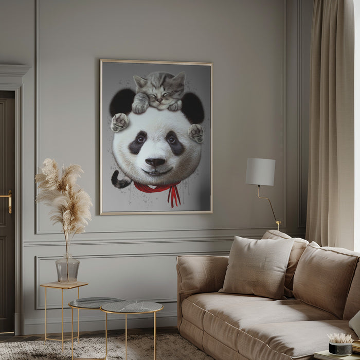 cat on panda bear Framed Art Wall Decor