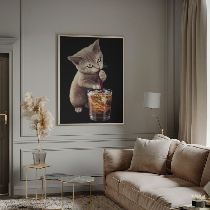 cat and soft drink Framed Art Wall Decor