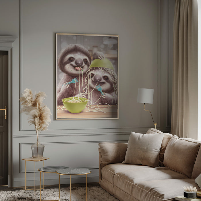 YOUNG SLOTH EATING SPAGETTI Framed Art Modern Wall Decor