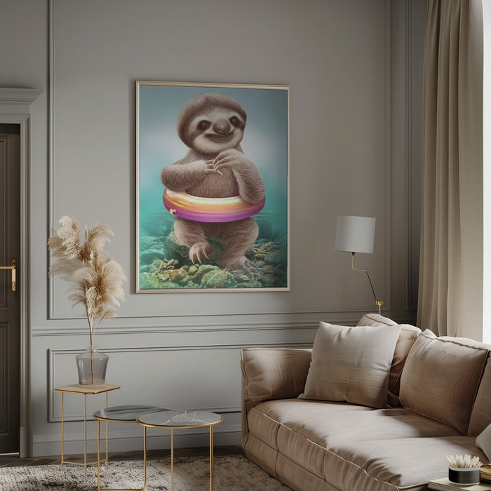 YOUNG SLOTH WITH BUOY Framed Art Modern Wall Decor