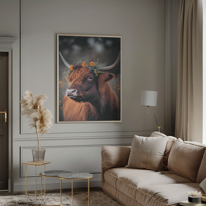 Highland Cow With Flowers Framed Art Modern Wall Decor