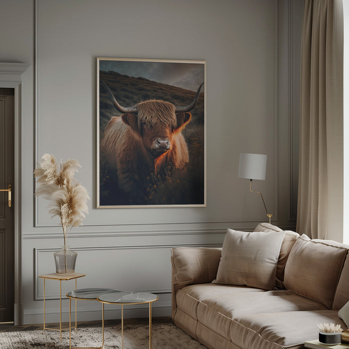 Highland Cow With Big Horns Framed Art Modern Wall Decor