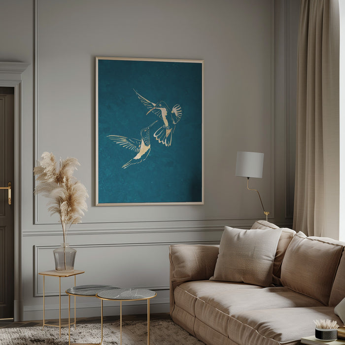 Gold Hummingbird Line art Silhouettes 3 Framed Art Wall Decor