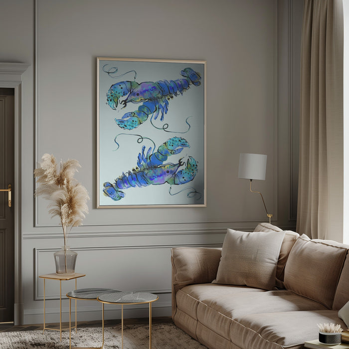 Lobsters On Azure Framed Art Wall Decor