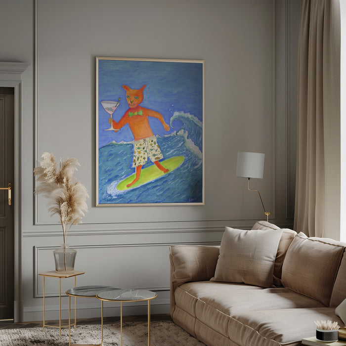 Surfing Cocktail Cat Framed Art Wall Decor