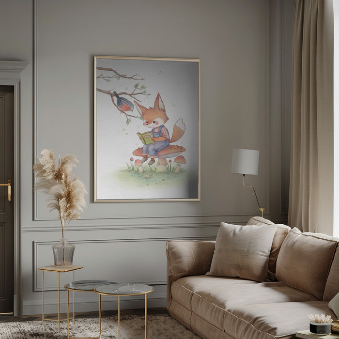 Fox and Bird Illustration Framed Art Wall Decor