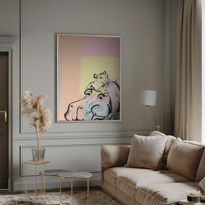 Mama hippo and baby Framed Art Wall Decor