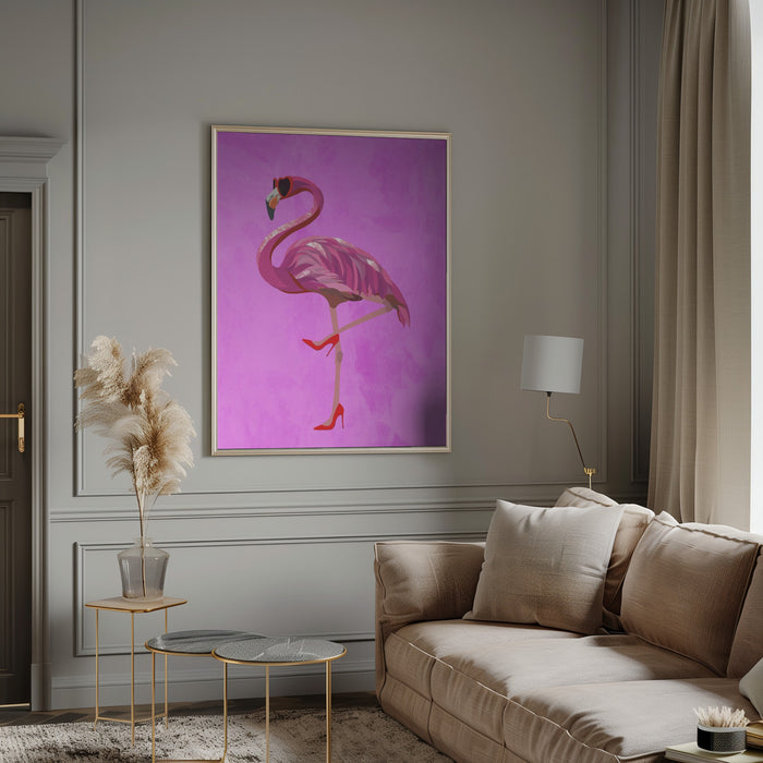 Flamingo in heels and heart glasses pink Framed Art Wall Decor