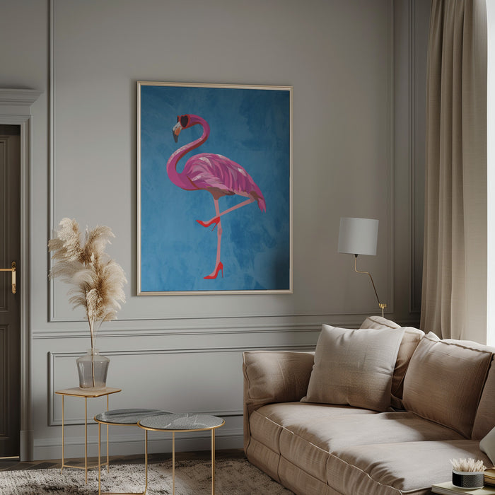 Flamingo in heels and heart glasses blue Framed Art Wall Decor