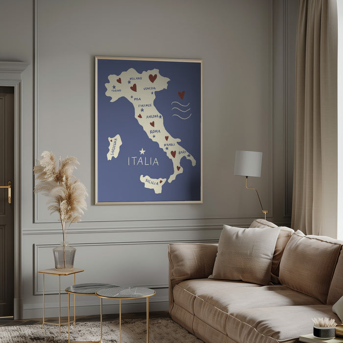 Italiy Map Framed Art Modern Wall Decor