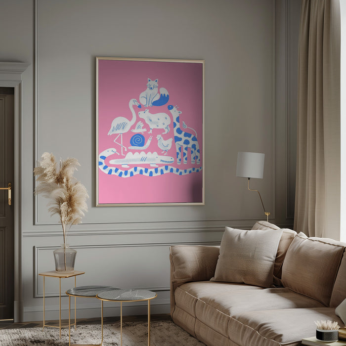 Pink Animal Collage Framed Art Modern Wall Decor