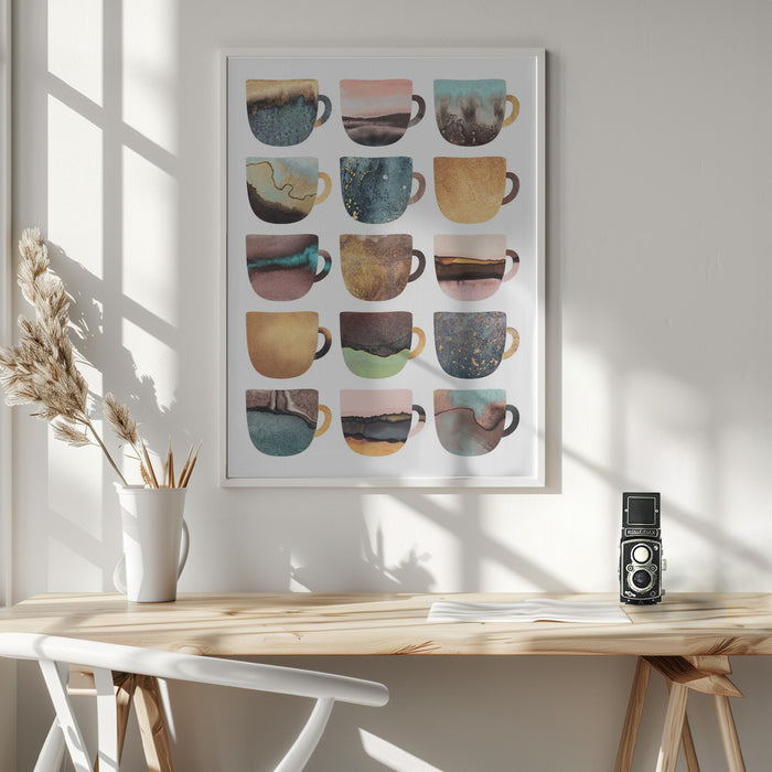 Earthy Coffee Cups Framed Art Modern Wall Decor