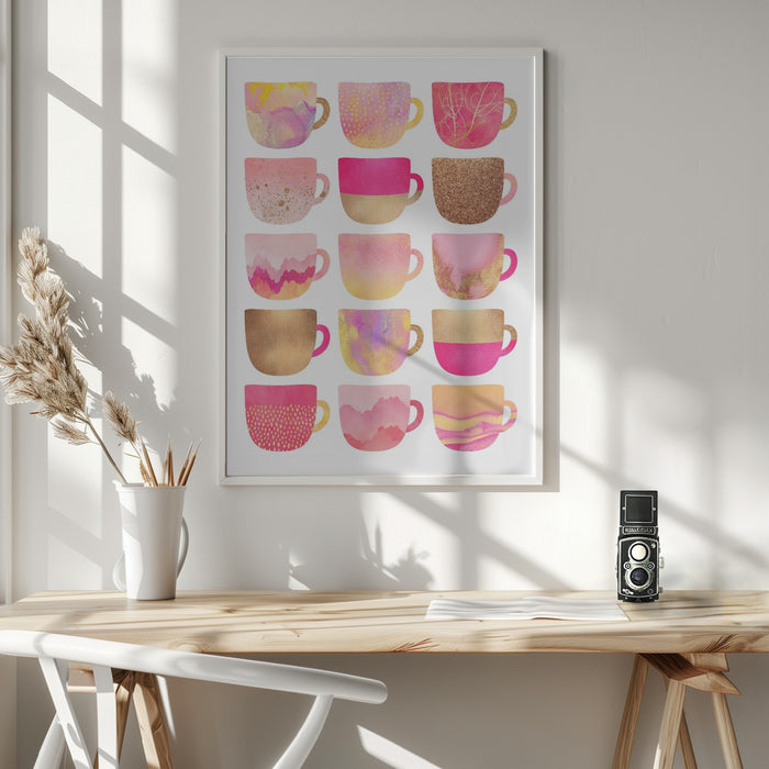 Pretty Pink Coffee Cups Framed Art Modern Wall Decor