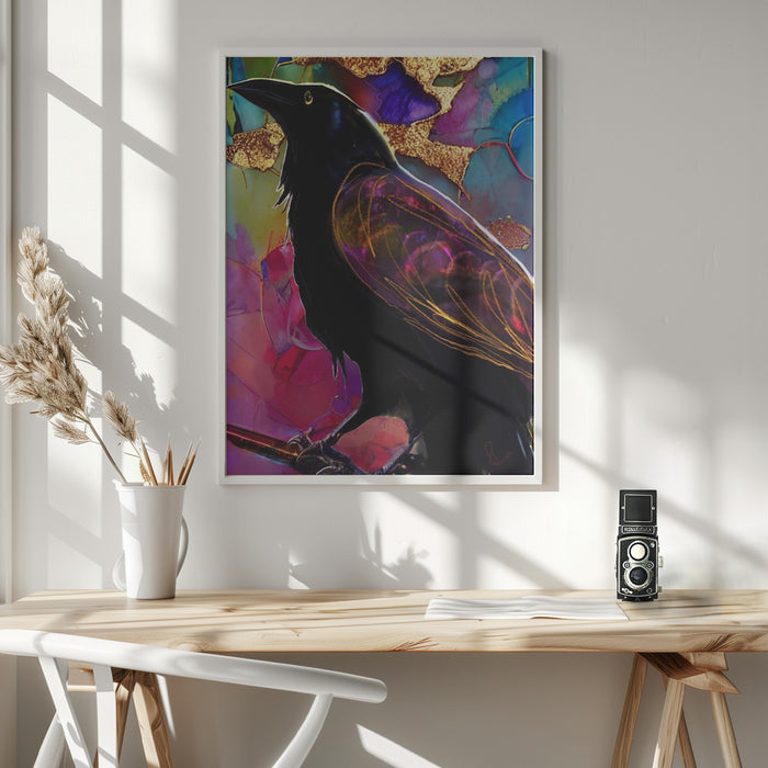 Raven with Pink and Gold Framed Art Wall Decor