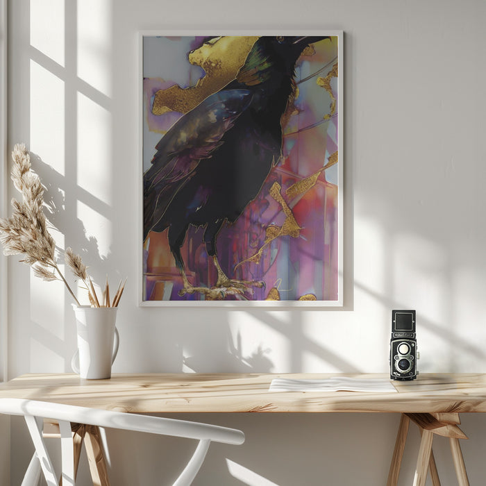 Raven with Pink and Gold Framed Art Wall Decor