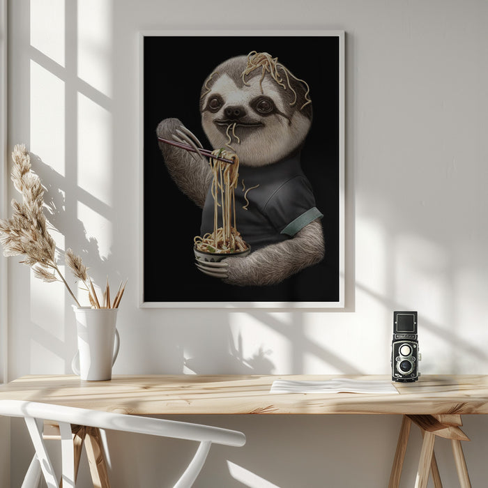 SLOTH EATING NOODLE Framed Art Wall Decor