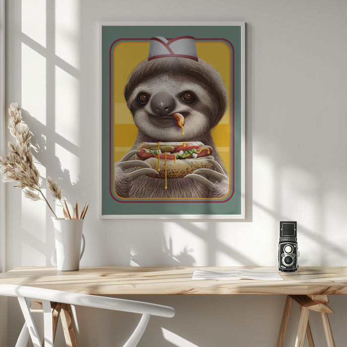 SLOTH SELLING HOTDOGS Framed Art Wall Decor