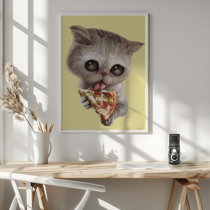 cat loves pizza Framed Art Wall Decor