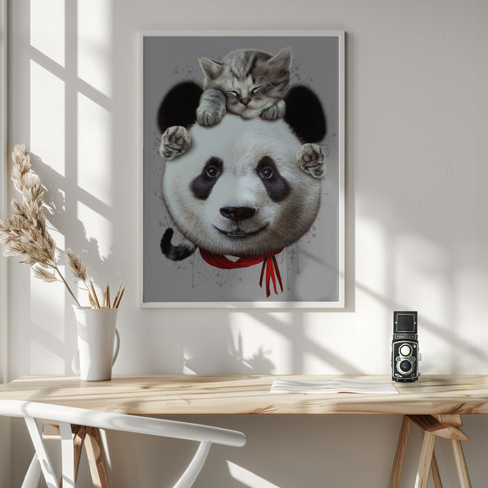 cat on panda bear Framed Art Wall Decor