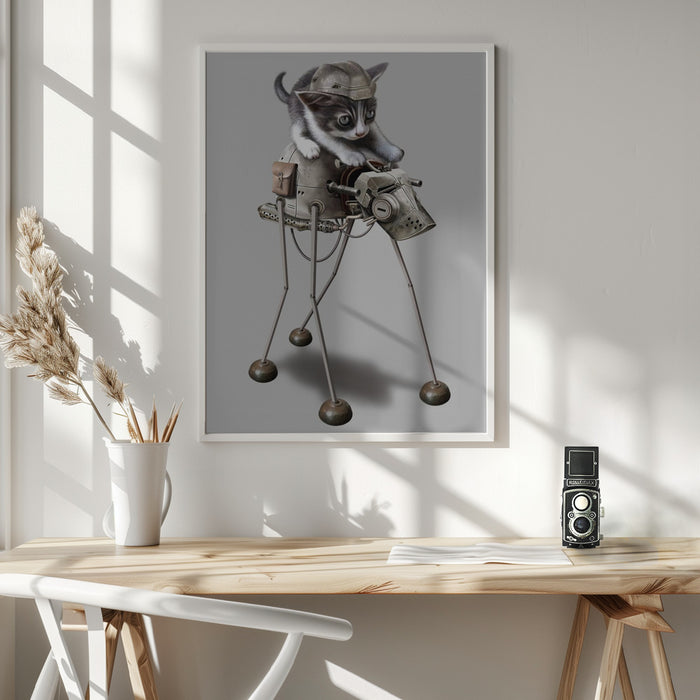 cat on robot Framed Art Wall Decor