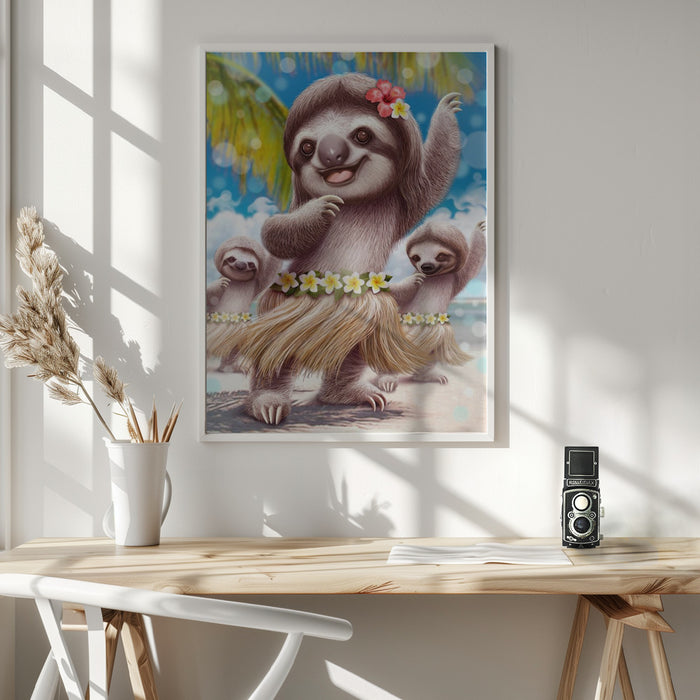 SLOTH HULA DANCER Framed Art Wall Decor