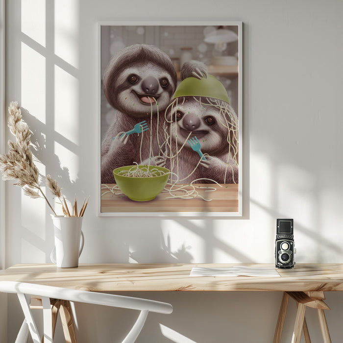 YOUNG SLOTH EATING SPAGETTI Framed Art Wall Decor