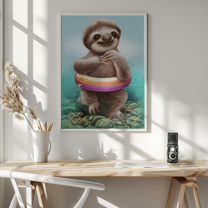 YOUNG SLOTH WITH BUOY Framed Art Wall Decor