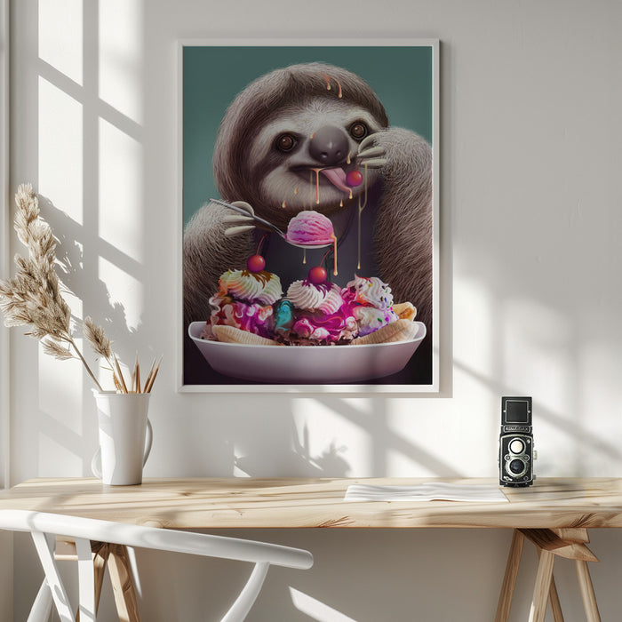 SLOTH ENJOYING ICE CREAM Framed Art Wall Decor