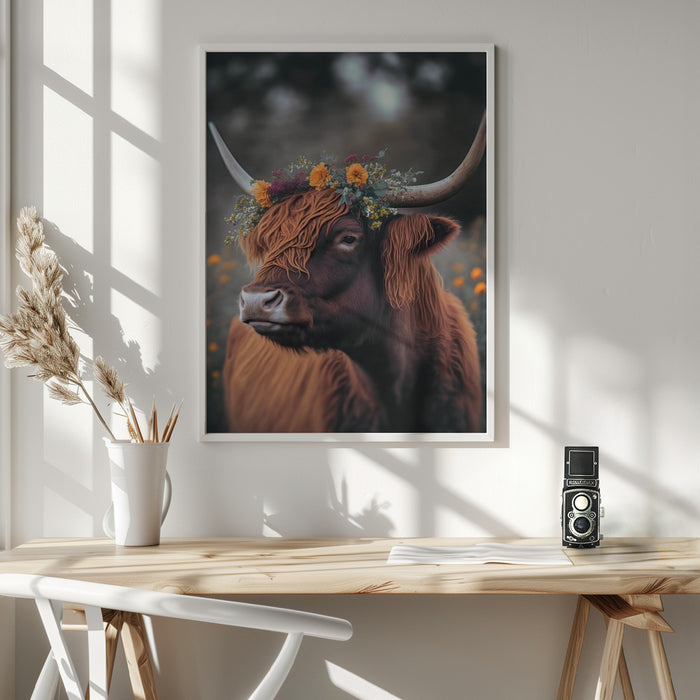 Highland Cow With Flowers Framed Art Wall Decor