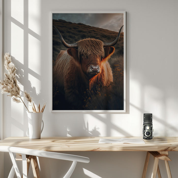 Highland Cow With Big Horns Framed Art Wall Decor