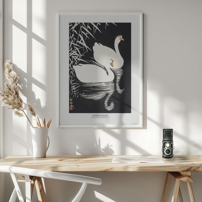 White Chinese Geese Swimming by Reeds Framed Art Wall Decor