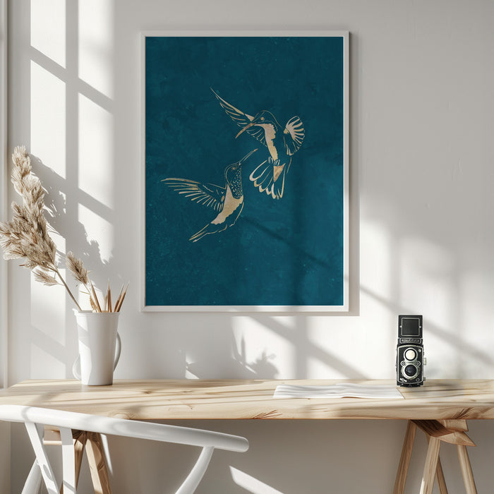 Gold Hummingbird Line art Silhouettes 3 Framed Art Wall Decor