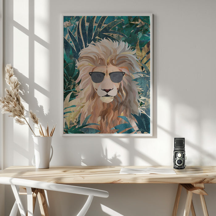 Cool Tropical Lion in Sunglasses Framed Art Wall Decor