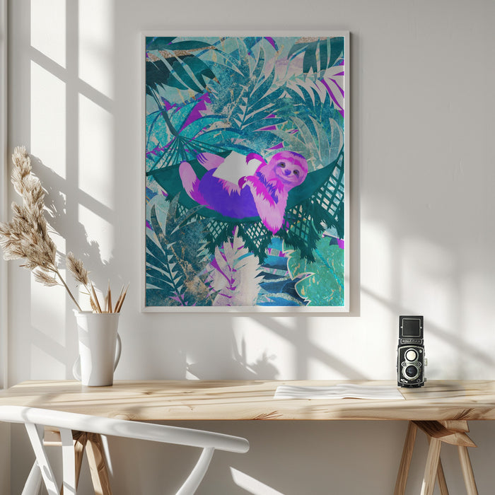 Pink and Green Neon Sloth in Hammock Framed Art Wall Decor