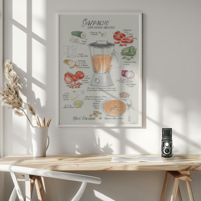 Gazpacho illustrated recipe in Spanish Framed Art Wall Decor