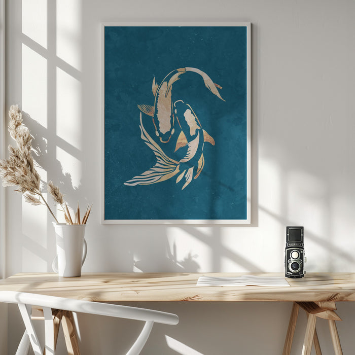 Gold Blue Koi Fish Framed Art Wall Decor