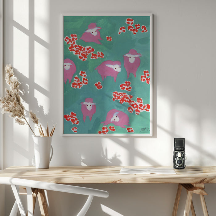 Pink Sheep On A Green Meadow Framed Art Wall Decor