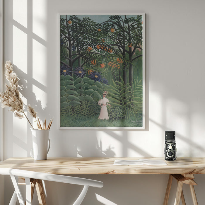 Femme Se Promenant Dans Une Foret Exotique Framed Art Wall Decor